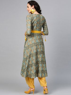 Women Green & Mustard Yellow Printed A-Line Kurta