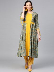 Women Green & Mustard Yellow Printed A-Line Kurta