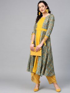 Women Green & Mustard Yellow Printed A-Line Kurta