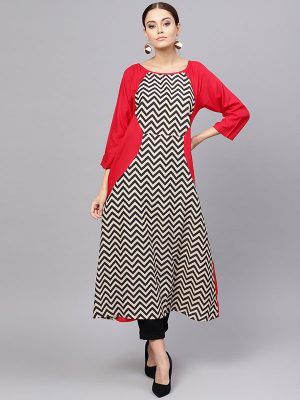 Women Beige & Black Printed A-Line Kurta