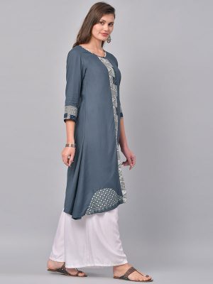 Women Grey Yoke Design Straight Kurta