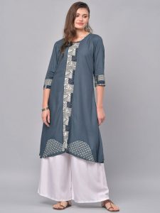 Women Grey Yoke Design Straight Kurta