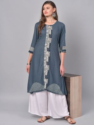 Women Grey Yoke Design Straight Kurta