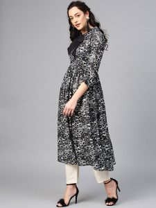 Women Black & Off-White Printed A-Line Kurta