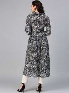 Women Black & Off-White Printed A-Line Kurta