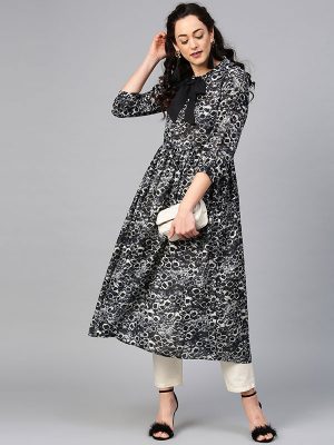 Women Black & Off-White Printed A-Line Kurta