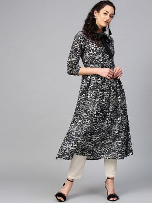 Women Black & Off-White Printed A-Line Kurta