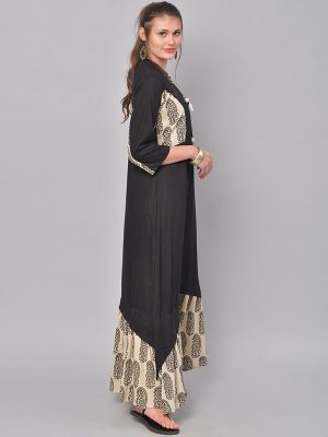 Women Black & Beige Printed A-Line Kurta