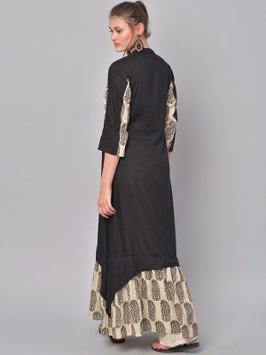 Women Black & Beige Printed A-Line Kurta