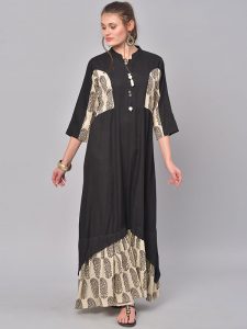 Women Black & Beige Printed A-Line Kurta