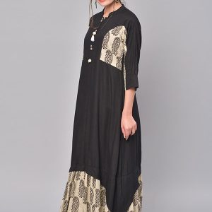 Women Black & Beige Printed A-Line Kurta