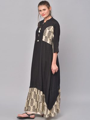 Women Black & Beige Printed A-Line Kurta