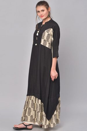 Women Black & Beige Printed A-Line Kurta