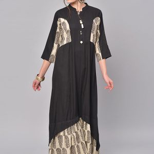 Women Black & Beige Printed A-Line Kurta
