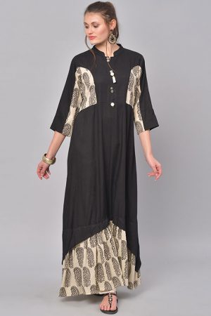 Women Black & Beige Printed A-Line Kurta