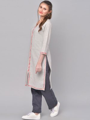 Women Grey & Red Embroidered Straight Kurta