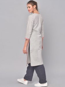 Women Grey & Red Embroidered Straight Kurta