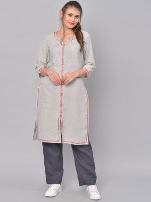 Women Grey & Red Embroidered Straight Kurta