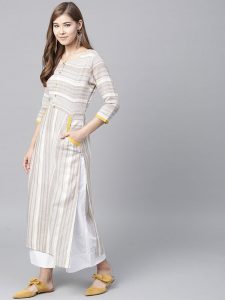 Women Off-White & Beige Striped Straight Kurta