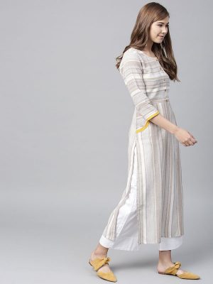 Women Off-White & Beige Striped Straight Kurta