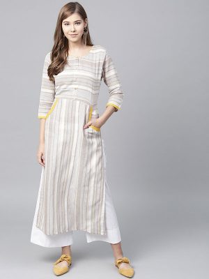 Women Off-White & Beige Striped Straight Kurta