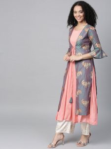 Women Peach-Coloured & Grey Solid A-Line Layered Kurta