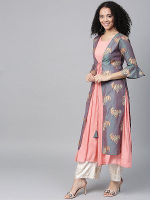 Women Peach-Coloured & Grey Solid A-Line Layered Kurta