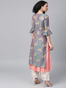 Women Peach-Coloured & Grey Solid A-Line Layered Kurta