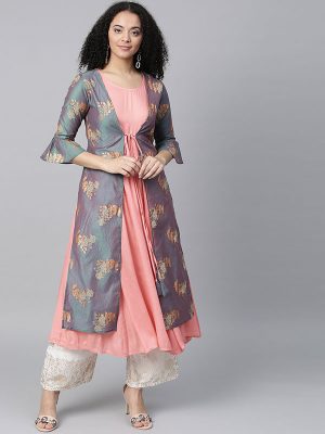 Women Peach-Coloured & Grey Solid A-Line Layered Kurta