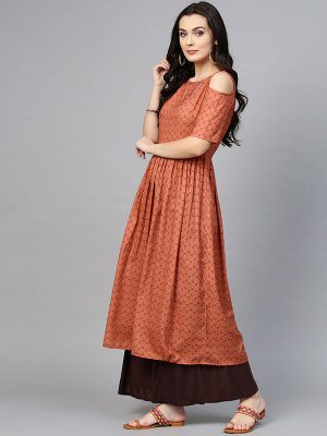 Women Brown Printed A-Line Kurta