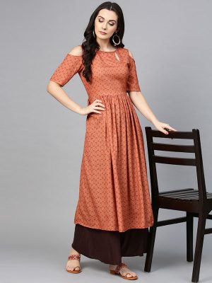 Women Brown Printed A-Line Kurta