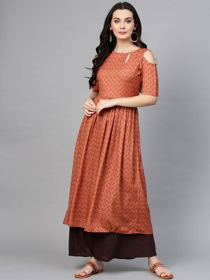 Women Brown Printed A-Line Kurta