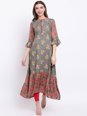 Women Grey Printed A-Line Kurta