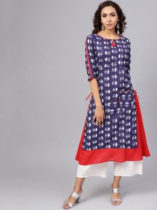 Women Blue & White Printed A-Line Kurta