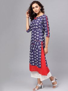 Women Blue & White Printed A-Line Kurta