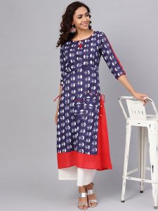 Women Blue & White Printed A-Line Kurta