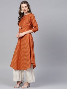 Women Rust Orange Striped A-Line Kurta