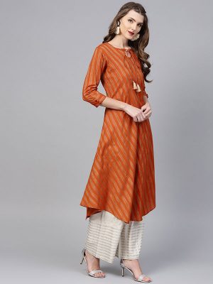 Women Rust Orange Striped A-Line Kurta