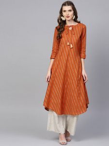 Women Rust Orange Striped A-Line Kurta