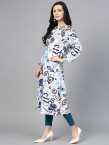 Women White & Blue Printed A-Line Kurta