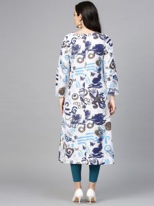 Women White & Blue Printed A-Line Kurta