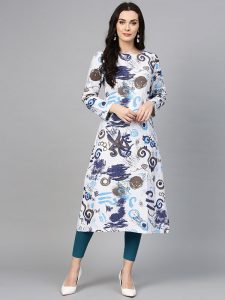 Women White & Blue Printed A-Line Kurta