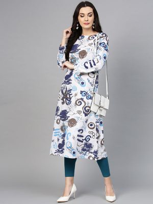 Women White & Blue Printed A-Line Kurta