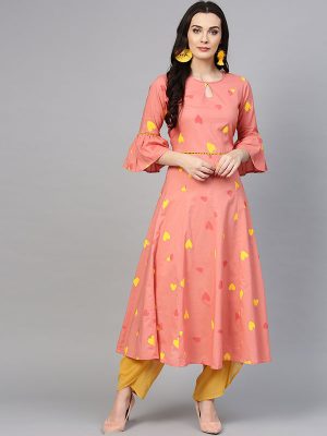 Women Peach-Coloured & Yellow Printed A-Line Kurta