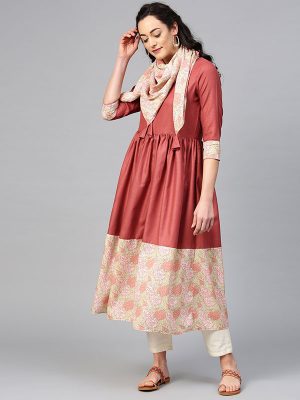 Women Rust Brown & Pink Solid A-Line Kurta with Printed Detail