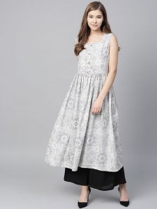 Women White & Grey Printed A-Line Layered Kurta