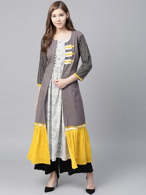 Women White & Grey Printed A-Line Layered Kurta