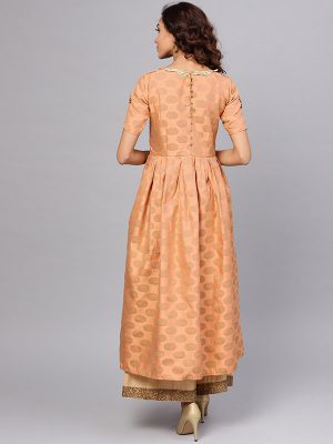 Women Peach-Coloured & Golden Woven Design A-Line Kurta