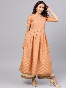 Women Peach-Coloured & Golden Woven Design A-Line Kurta