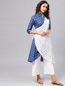 Women Blue & White Printed Layered A-Line Kurta